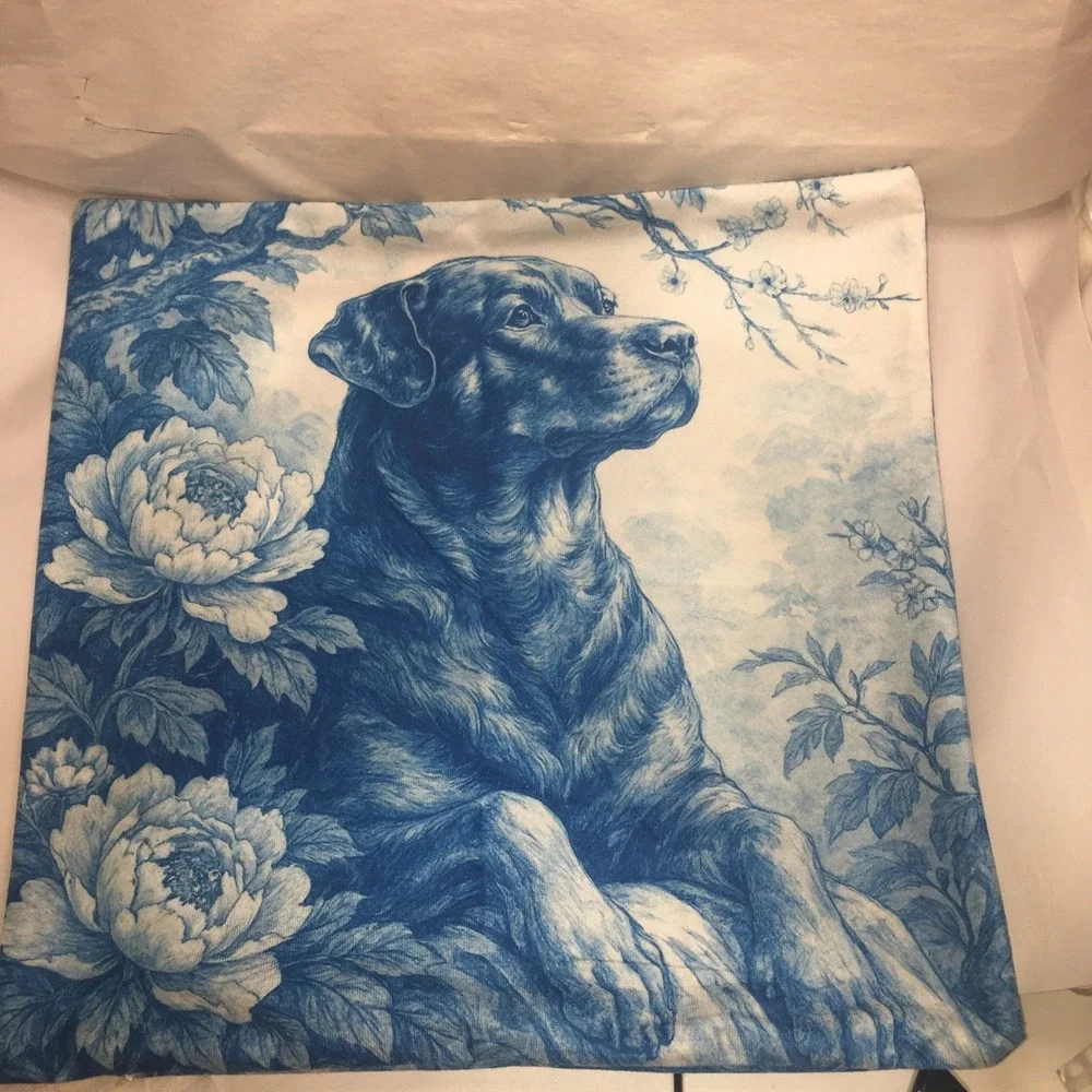 Rottweiler Toile Blue and White Throw Pillow Cover 18